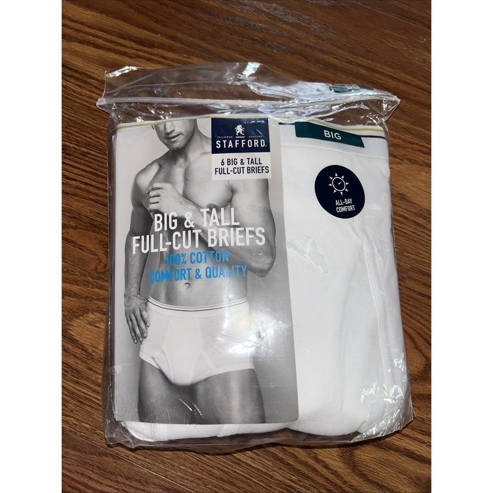New Pack 6 Stafford Big & Tall Full Cut Brief Mens Size 50 White Cotton Briefs